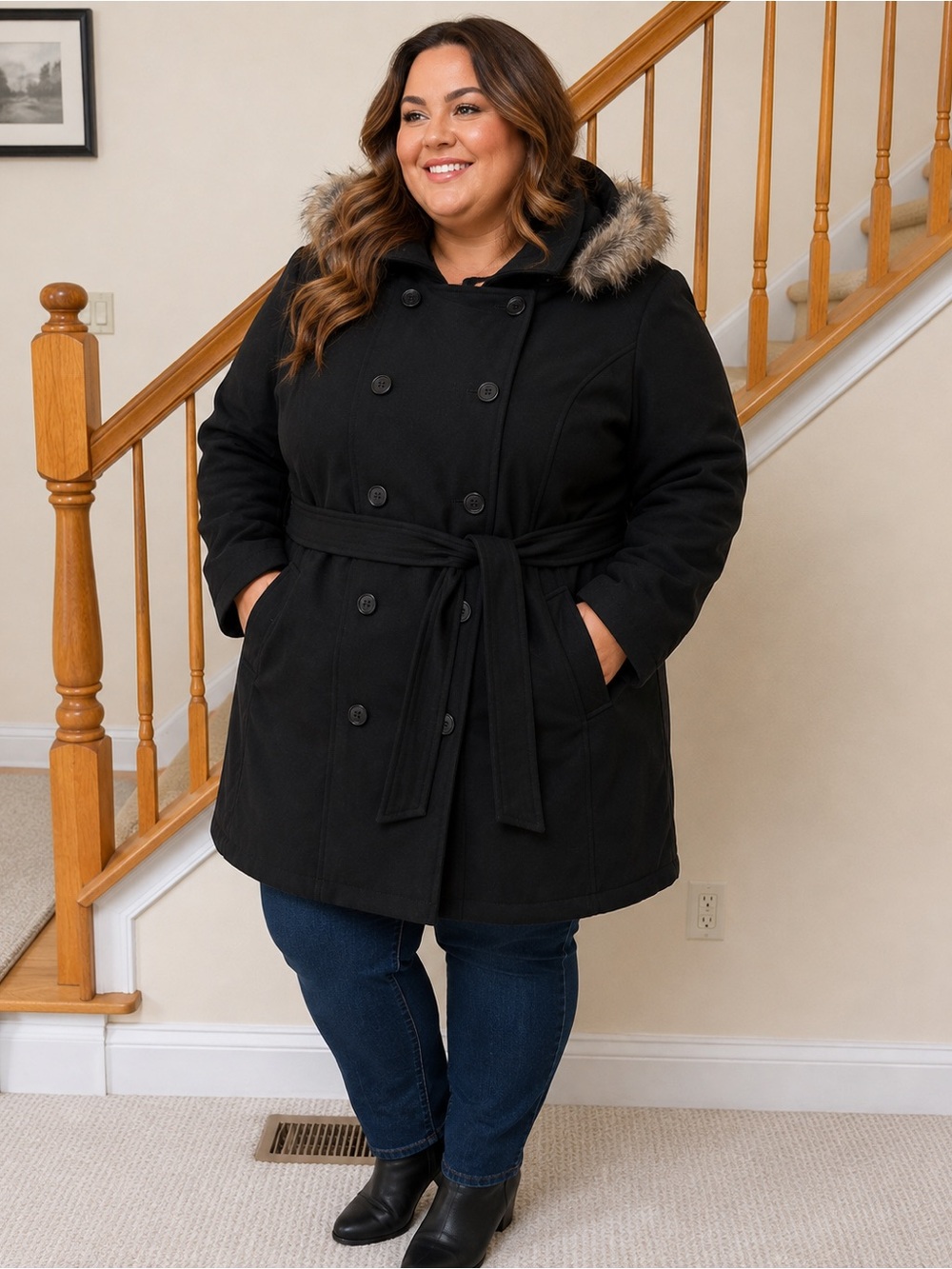 Alpine Swiss Black Double-Breasted Pea Coat with Faux-Fur Trim Hood